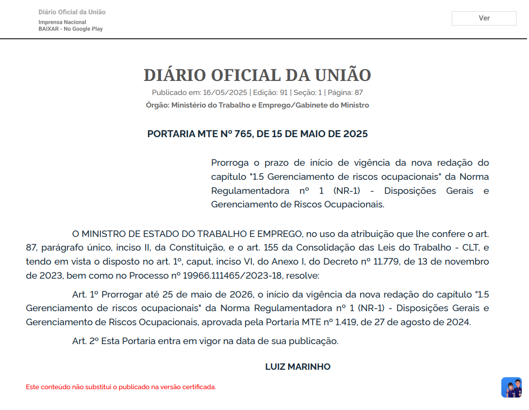 Mais um teste de maturidade para NR-1
